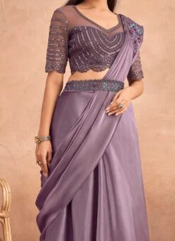 Lavender Chinon Silk Ready Pleated Saree Party Wear