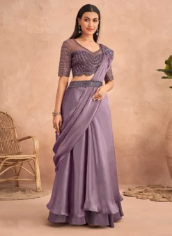 Lavender Chinon Silk Ready Pleated Saree Party Wear -Mahra Clothing Shop Lavender Chinon Silk Ready Pleated Saree SASKA36357301D u