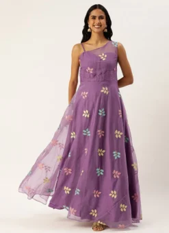 Lavender Embroidered Organza One Shoulder Gown Party Wear -Mahra Clothing Shop Lavender Embroidered Organza One Shoulder Gown IWBS02308839 u