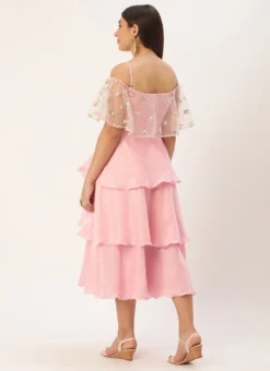 White Embroidered Net N Pink Satin Dress Party Wear -Mahra Clothing Shop Light Beige Embroidered Net N Pink Satin Dress DRBS02302457 b 1