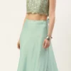 Teen Girls Light Blue Net Embroidered N Green Satin Skirt Set Festive Wear