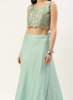 Teen Girls Light Blue Net Embroidered N Green Satin Skirt Set Festive Wear