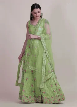 Light Green Taffeta Silk Embroidered Umbrella Lehenga Party Wear -Mahra Clothing Shop Light Green Taffeta Silk Embroidered Umbrella Lehenga GHSACW2667 u