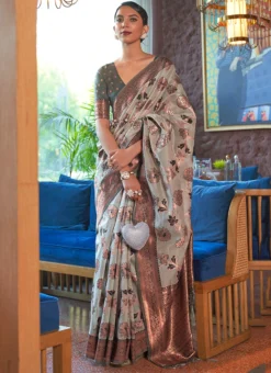 Light Grey Color Zari Work Silk Saree Festive Wear -Mahra Clothing Shop Light Grey Color Zari Work Silk Saree SASLI1981283001 u