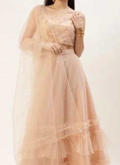 Teen Girls Light Peach Net Sequins Embroidered Lehenga Wedding Wear