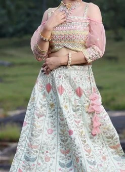 Teen Girls Light Pista Dupion Silk Embroidered Kali Lehenga Wedding Wear
