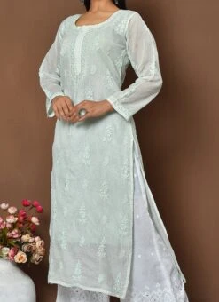 Light Sea Green Chikankari Kota Cotton Palazzo Set Festive Wear