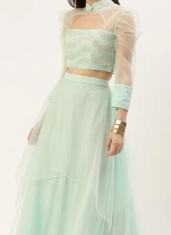 Teen Girls Light Sea Green Embroidered N Sky Blue Lehenga Set Wedding Wear