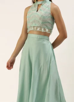 Teen Girls Light Sea Green Net Embroidered Skirt Set Party Wear