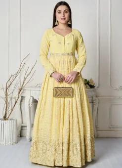 Teen Girls Light Yellow Embroidered Georgette Gown Wedding Wear -Mahra Clothing Shop Light Yellow Embroidered Georgette Gown IWBS02303950 u