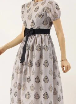 Lilac Hint Chanderi Silk Puff Sleeve Dress Festive Wear