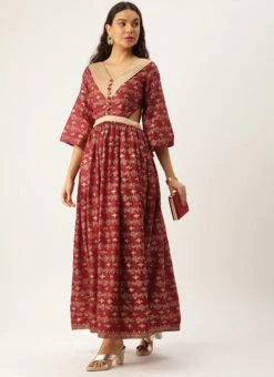 Maroon Art Silk Foil Printed Maxi Dress Festive Wear -Mahra Clothing Shop Maroon Art Silk Foil Printed Maxi Dress DRBS02211115 u