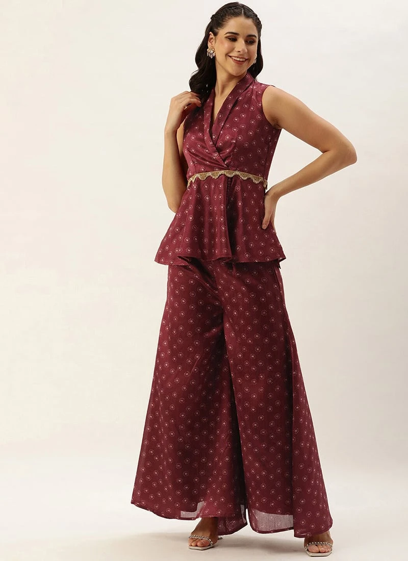 Bottom From Maroon Art Silk Printed Co Ords Set After Six Wear 3 Bottom From Maroon Art Silk Printed Co Ords Set After Six Wear - Image 3