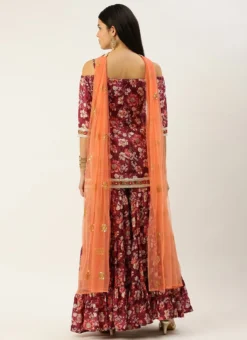 Top From Maroon Art Silk Printed Gharara Set After Six Wear -Mahra Clothing Shop Maroon Art Silk Printed Gharara Set SLBS02302280 b 1