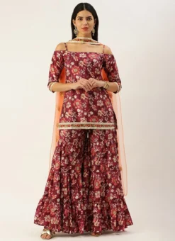 Top From Maroon Art Silk Printed Gharara Set After Six Wear -Mahra Clothing Shop Maroon Art Silk Printed Gharara Set SLBS02302280 u 1