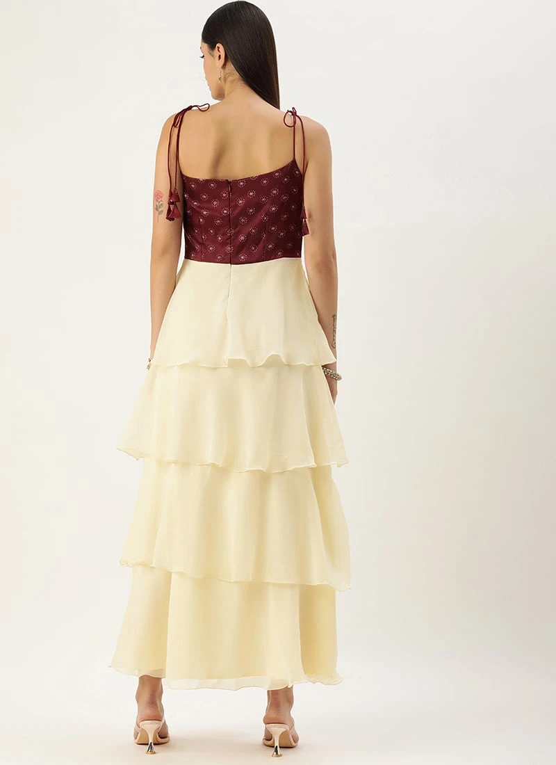 Maroon Art Silk Printed N Off White Layered Dress Festive Wear 4 Maroon Art Silk Printed N Off White Layered Dress Festive Wear - Image 4