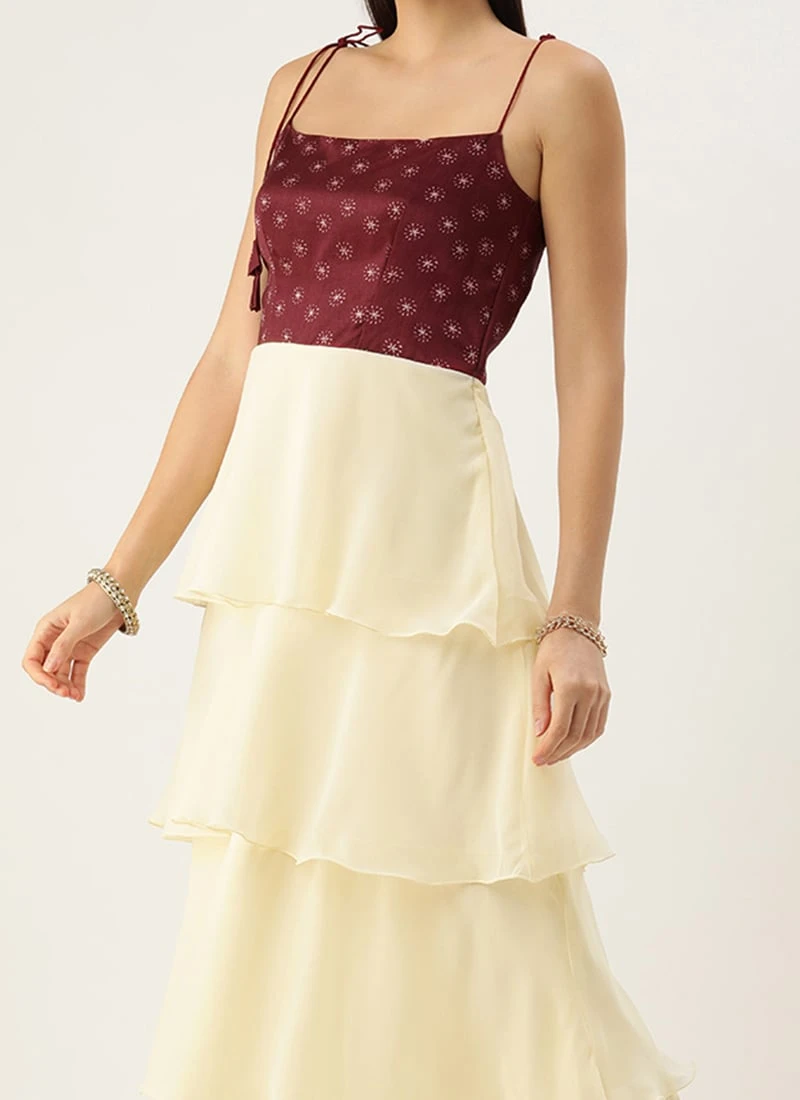 Maroon Art Silk Printed N Off White Layered Dress Festive Wear 1 Maroon Art Silk Printed N Off White Layered Dress Festive Wear