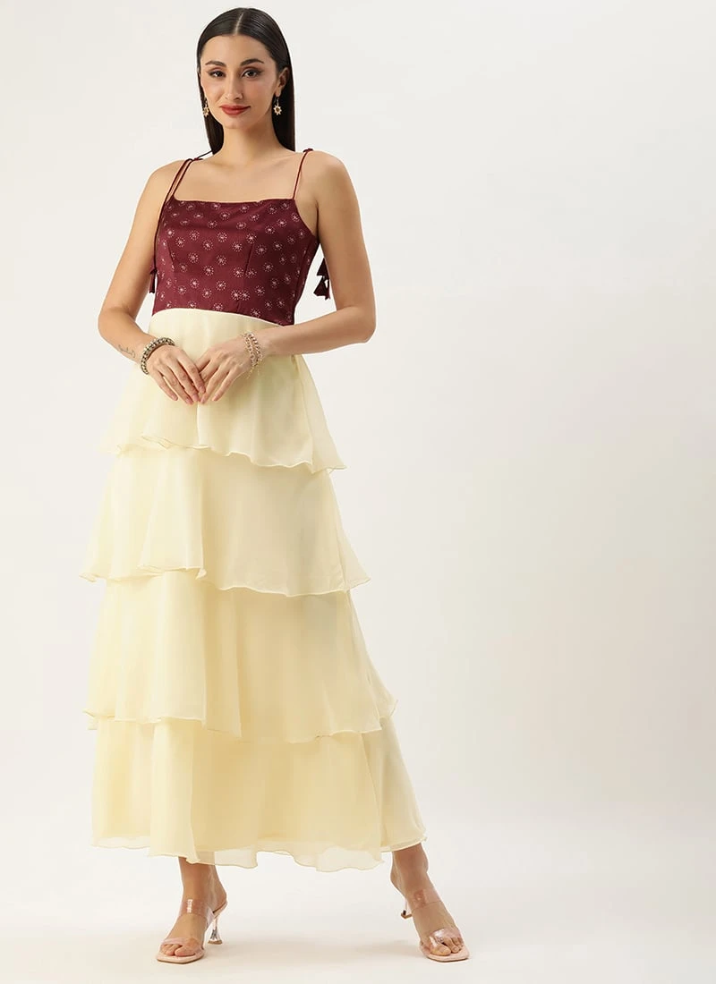 Maroon Art Silk Printed N Off White Layered Dress Festive Wear 3 Maroon Art Silk Printed N Off White Layered Dress Festive Wear - Image 3