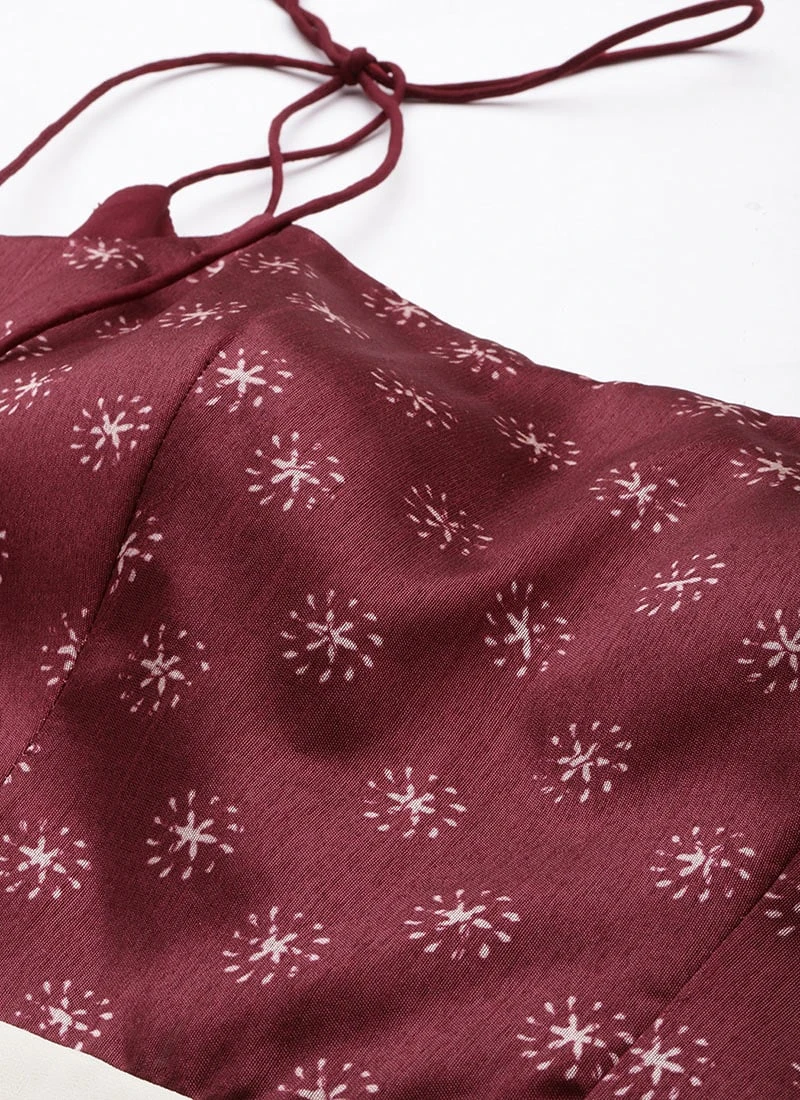 Maroon Art Silk Printed N Off White Layered Dress Festive Wear 5 Maroon Art Silk Printed N Off White Layered Dress Festive Wear - Image 5
