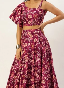 Teen Girls Maroon Art Silk Printed Skirt Set Party Wear