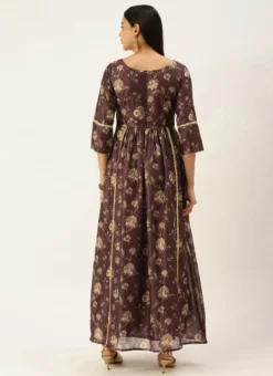 Maroon Chanderi Printed Floral Maxi Dress Festive Wear -Mahra Clothing Shop Maroon Chanderi Printed Floral Maxi Dress DRBS02111085 b