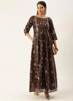 Maroon Chanderi Printed Floral Maxi Dress Festive Wear -Mahra Clothing Shop Maroon Chanderi Printed Floral Maxi Dress DRBS02111085 u