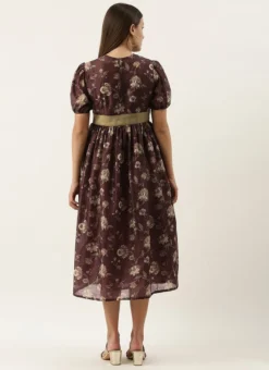 Maroon Chanderi Silk Puff Sleeve Dress Festive Wear After Six Wear -Mahra Clothing Shop Maroon Chanderi Silk Puff Sleeve Dress DRBS02201262 b