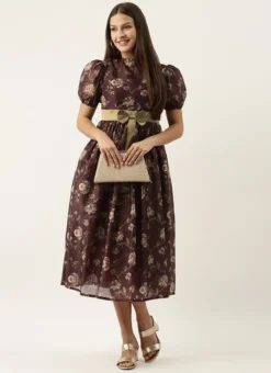 Maroon Chanderi Silk Puff Sleeve Dress Festive Wear After Six Wear -Mahra Clothing Shop Maroon Chanderi Silk Puff Sleeve Dress DRBS02201262 u