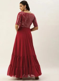 Teen Girls Maroon Embroidered Georgette Gown Festive Wear -Mahra Clothing Shop Maroon Embroidered Georgette Jacket Style Gown IWBS02304059 b