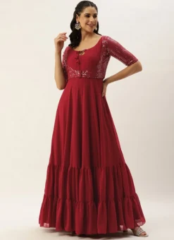 Teen Girls Maroon Embroidered Georgette Gown Festive Wear -Mahra Clothing Shop Maroon Embroidered Georgette Jacket Style Gown IWBS02304059 u