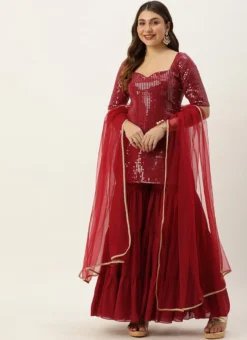 Teen Girls Maroon Embroidered Georgette Palazzo Suit Festive Wear -Mahra Clothing Shop Maroon Embroidered Georgette Palazzo Suit SLBS02304047 u 2