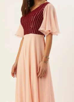 Teen Girls Maroon Embroidered N Pink Georgette Gown Party Wear