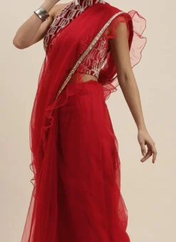 Maroon Embroidered N Red Ruffles Saree Party Wear