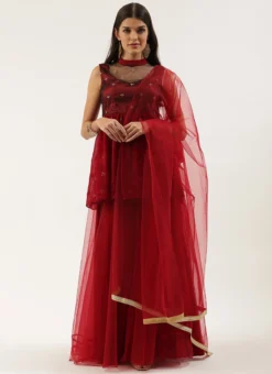 Teen Girls Maroon Embroidered Sharara Suit Festive Wear -Mahra Clothing Shop Maroon Embroidered Sharara Suit SLBS02204831 u