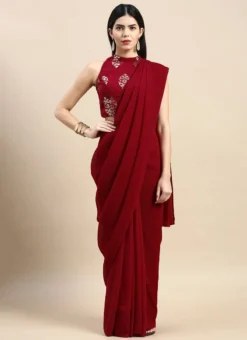 Teen Girls Maroon Georgette Half N Half Sari Festive Wear -Mahra Clothing Shop Maroon Georgette Sequins Half N Half Sari SABS02302376 u 1