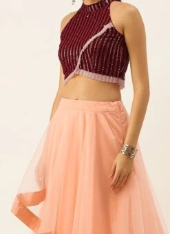Teen Girls Maroon N Peach Halter Neck Lehenga Party Wear