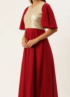 Teen Girls Maroon N Silver Sequins Embroidered Georgette Gown Party Wear