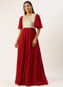 Teen Girls Maroon N Silver Sequins Embroidered Georgette Gown Party Wear -Mahra Clothing Shop Maroon N Silver Sequins Embroidered Georgette Gown IWBS02301734 u