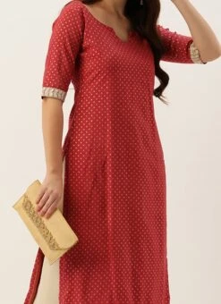 Teen Girls Maroon Nylon Jacquard Kurta Sets Festive Wear