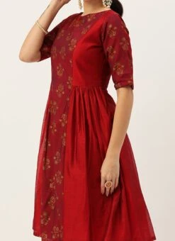 Teen Girls Maroon Printed Kurta Set Festive Wear