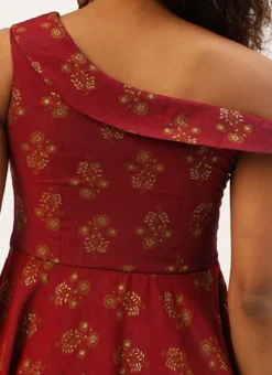 Maroon Printed One Shoulder Dress Party Wear After Six Wear -Mahra Clothing Shop Maroon Printed One Shoulder Dress DRBS02205963 rrc2