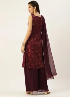 Teen Girls Maroon Rayon Printed V Neck Palazzo Suit Festive Wear -Mahra Clothing Shop Maroon Rayon Printed V Neck Palazzo Suit SLBS02204657 b