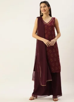 Teen Girls Maroon Rayon Printed V Neck Palazzo Suit Festive Wear -Mahra Clothing Shop Maroon Rayon Printed V Neck Palazzo Suit SLBS02204657 u