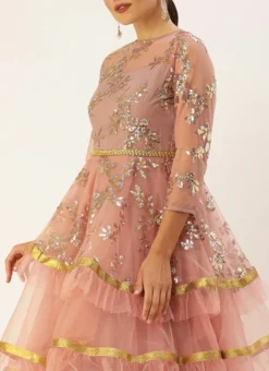 Mauve Crew Neck Layered Net Embroidered Gown Wedding Wear