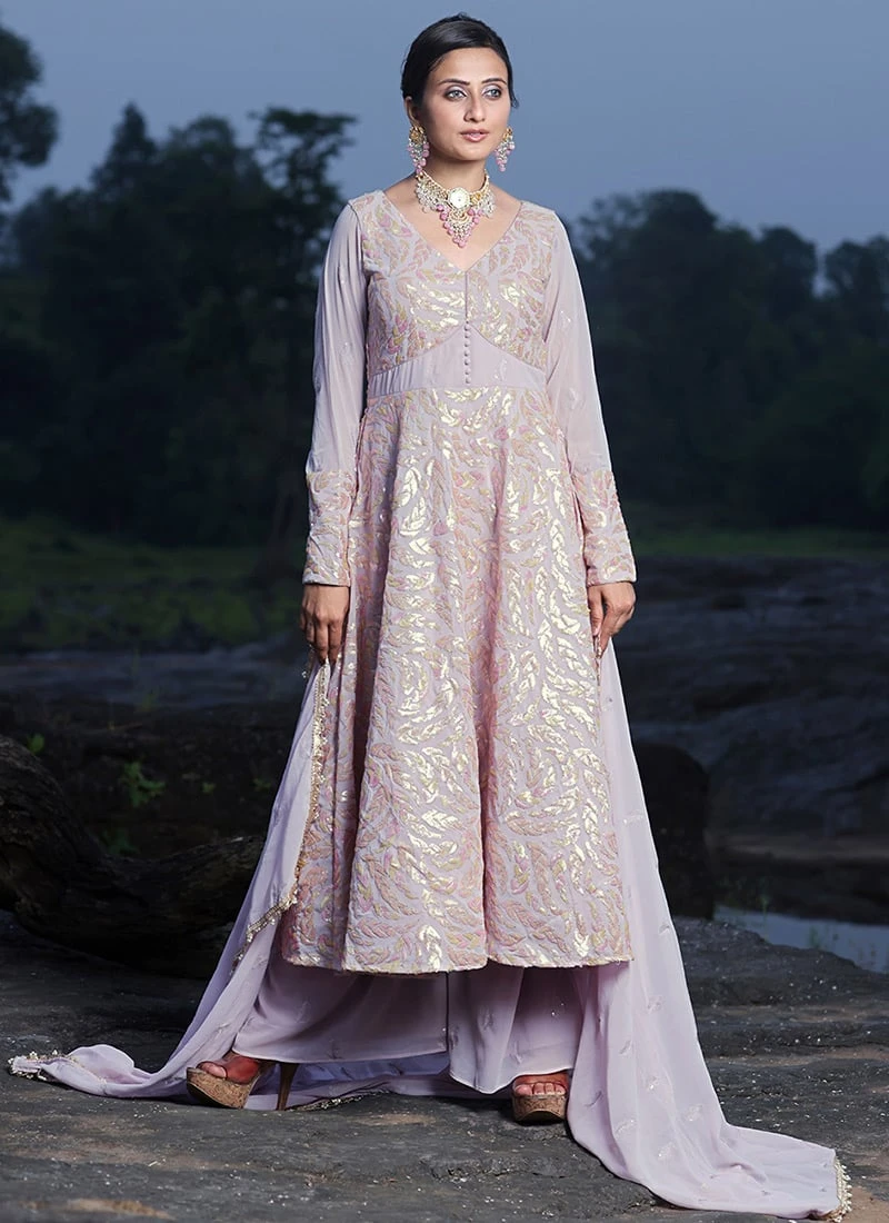 Teen Girls Mauve Embroidered Georgette Anarkali Suit Wedding Wear 3 Teen Girls Mauve Embroidered Georgette Anarkali Suit Wedding Wear - Image 3