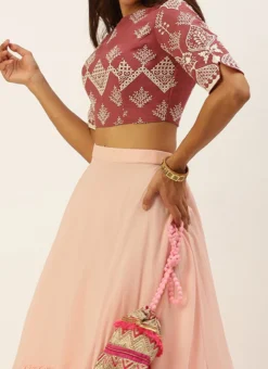 Teen Girls Mauve Embroidered N Peach Crop Top N Skirt Party Wear