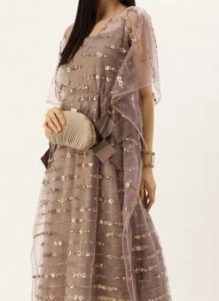 Teen Girls Mauve Net Embroidered Kaftan Style Gown Party Wear