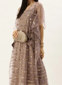 Mauve Net Embroidered Kaftan Style Gown Party Wear