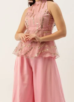 Teen Girls Mauve Net Sequins Peplum Top N Sharara Set Festive Wear