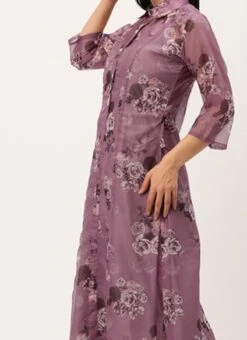 Teen Girls Mauve Organza Digital Printed Coat Style Dress Party Wear